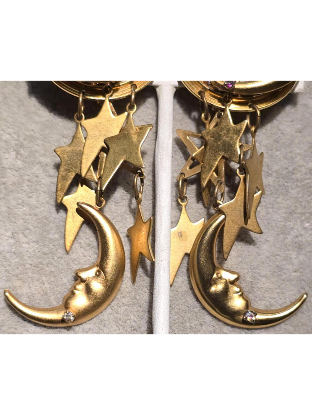 La Contessa Mary Demarco Clip Earrings Gold Tone Moon Stars Aurora Borealis - Picture 3 of 5